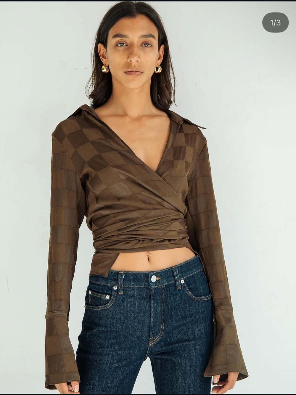 The Line By K Jett Wrap Long-Sleeve Top w/ Subtle Checker Print, Chocolate Brown